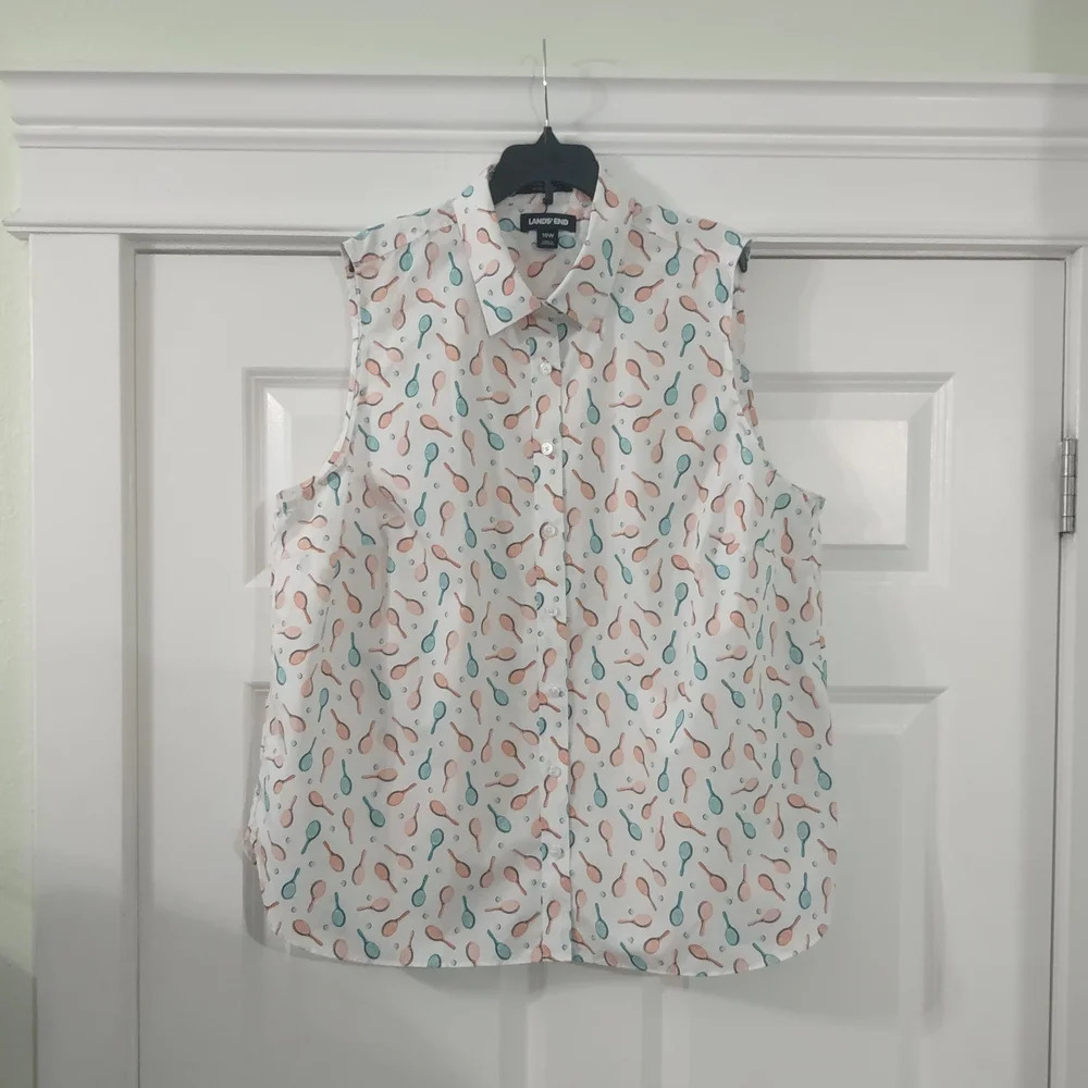 Lands' End Tennis Racket Print No Iron Supima Blouse - Picture 2 of 8